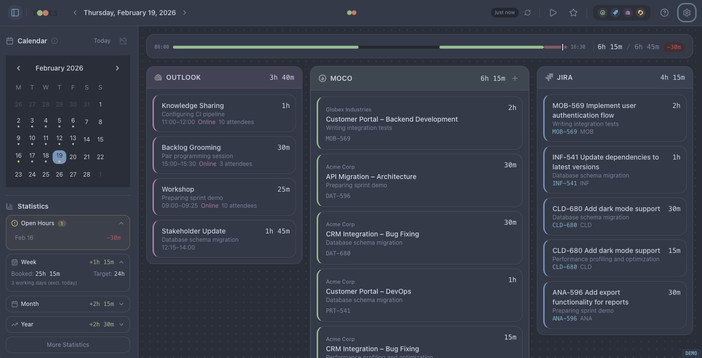 roots — Unified Work Time Overview (Dark Mode)