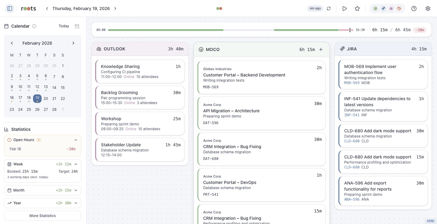 roots — Unified Work Time Overview (Light Mode)
