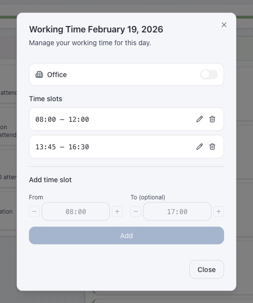 Presence modal with time slots and Home Office toggle