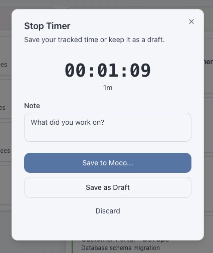 Stop Timer modal with booking options